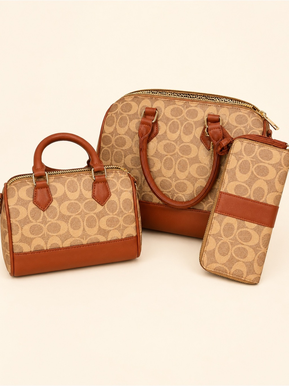 Classic Beige Mini Satchel and Wallet Set in Tan Trim
